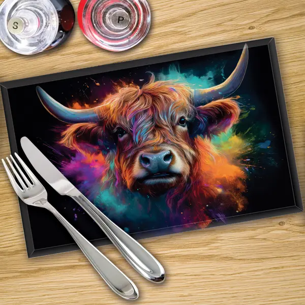 Glass Placemats x 4 In Highland Cow On Black