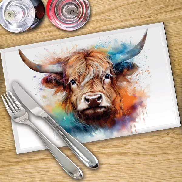 Glass Placemats x 4 In Highland Cow On White