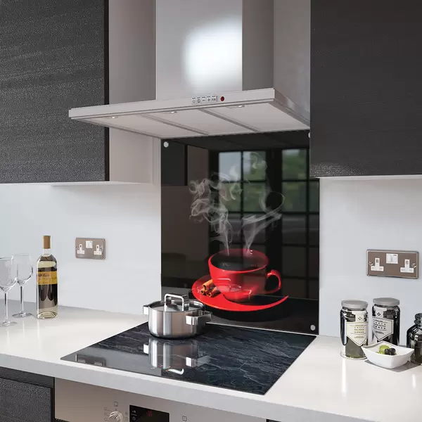 Glass Splashback With Fixing Holes in Red Coffee Cup - 60cm Wide x 100cm High