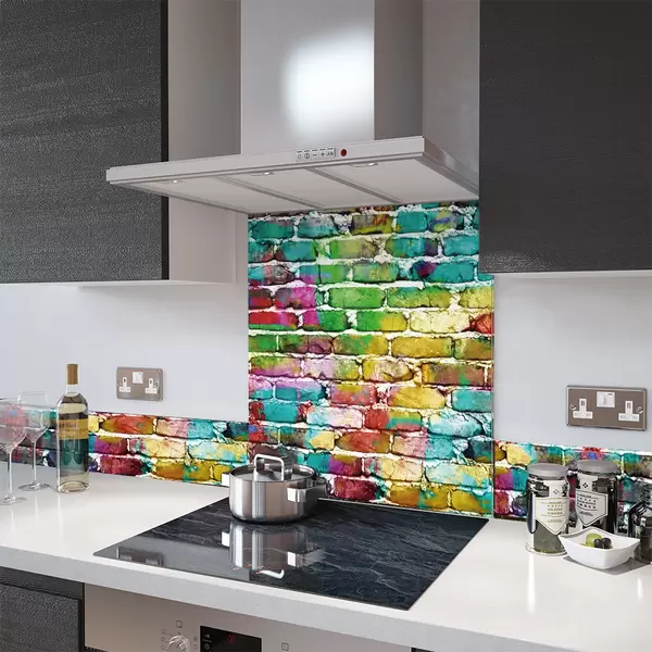Digital Print Glass Upstand Rainbow Brick Wall 100cm Wide x 14cm High