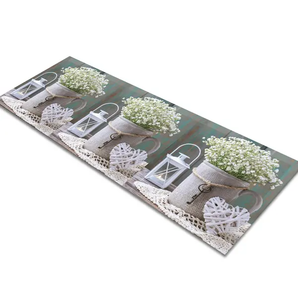 Glass Table Runner in Flowers, Bucket and Lantern - 80cm Wide x 30cm High