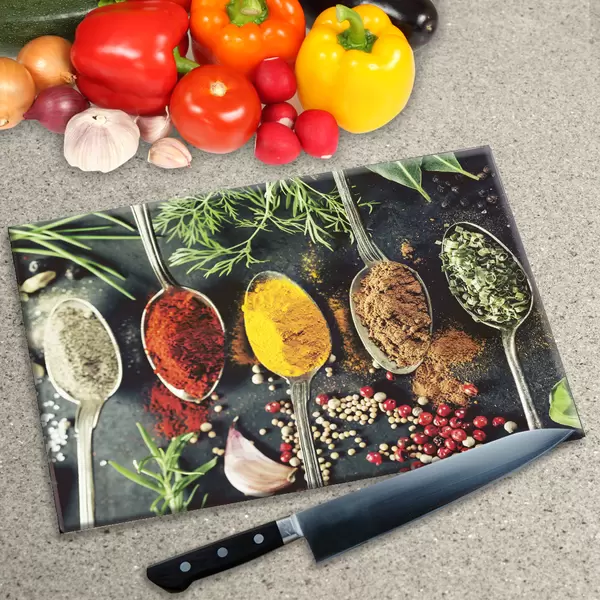 Glass Chopping Board - Worktop Saver In Asian Spices