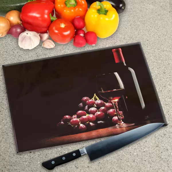 Glass Chopping Board - Worktop Saver In Wine and Grapes