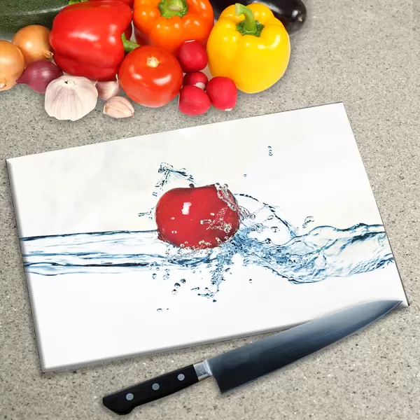 Glass Chopping Board - Worktop Saver In Red Apple Splash