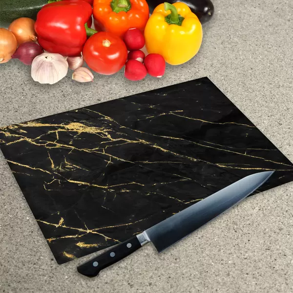 Glass Chopping Board - Worktop Saver In Black Gold Veins