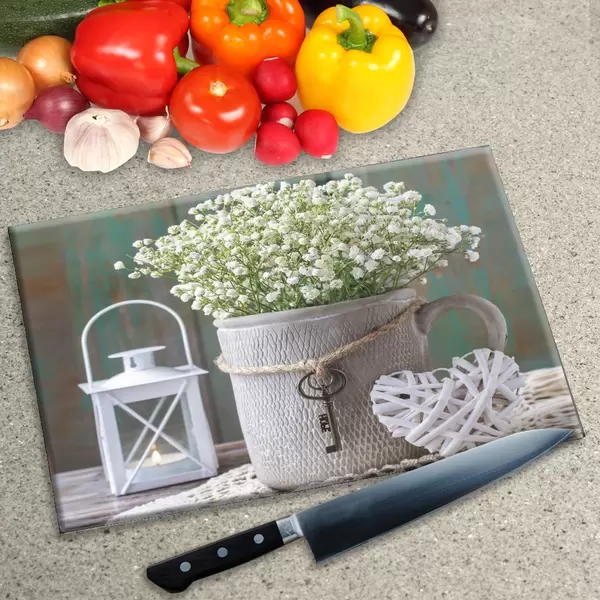 Glass Chopping Board - Worktop Saver In Flowers, Bucket and Lantern