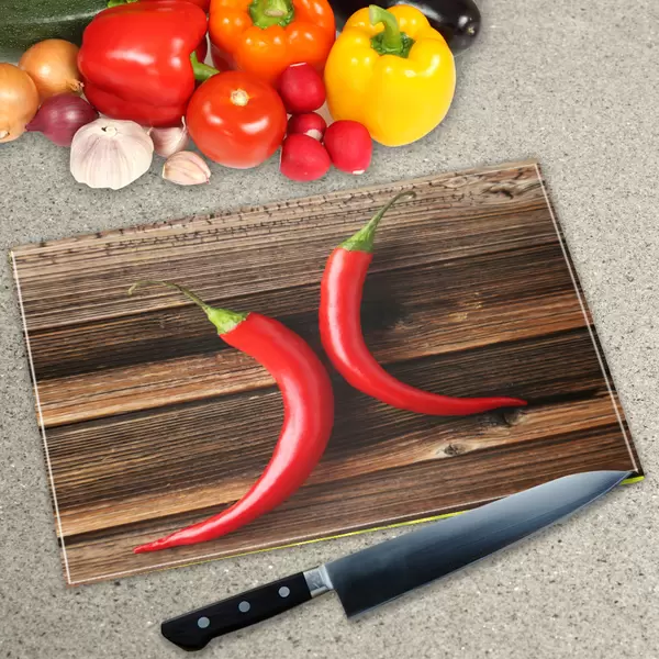 Glass Chopping Board - Worktop Saver In 2 Chilies on Chopping Board