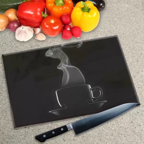 Glass Chopping Board - Worktop Saver In Black Coffee Cup