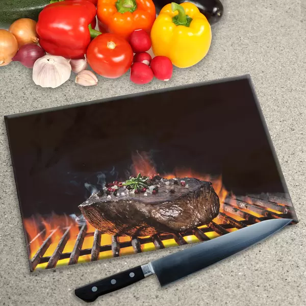 Glass Chopping Board - Worktop Saver In Char-grilled Steak