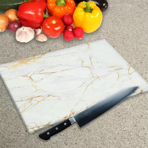 Glass Chopping Board - Worktop Saver In White Gold Veins