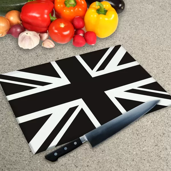 Glass Chopping Board - Worktop Saver In Black N White Union Jack