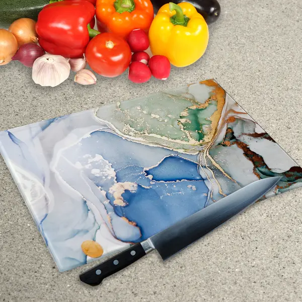 Glass Chopping Board - Worktop Saver In Blue Green