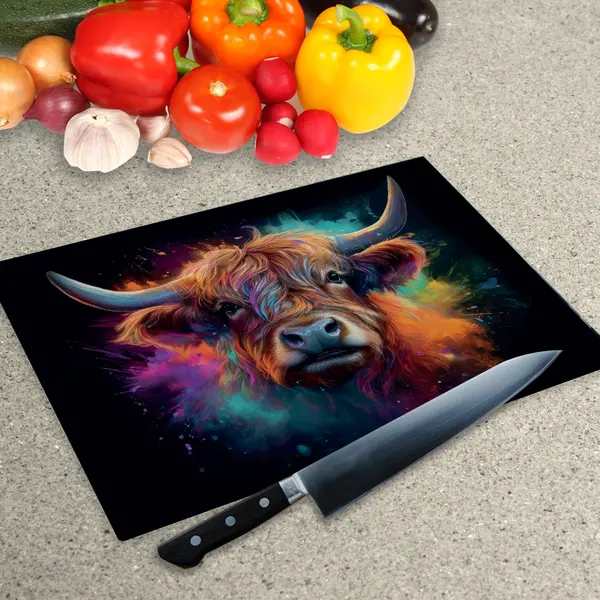 Glass Chopping Board - Worktop Saver In Highland Cow On Black