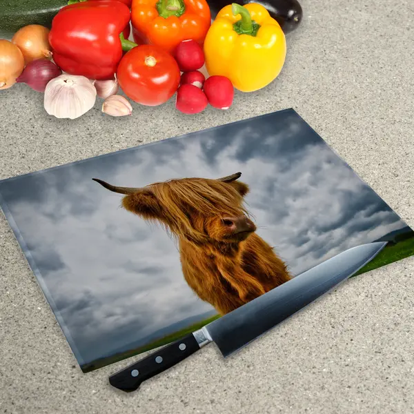 Glass Chopping Board - Worktop Saver In Highland Cow