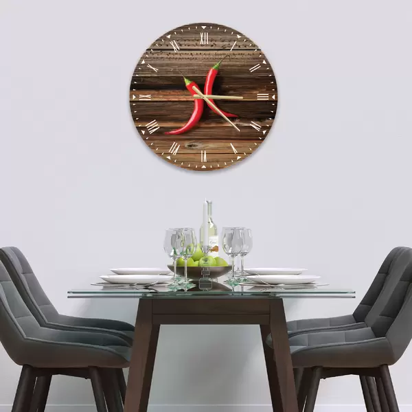 Glass Clock in 2 Chillies on Chopping Board - 30cm Wide