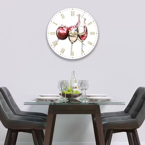 Glass Clock in 3 Glasses Of Wine On White - 30cm Wide