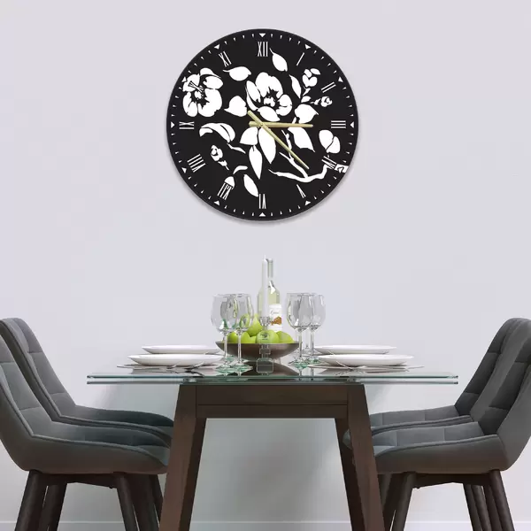 Glass Clock in Black Floral - 30cm Wide