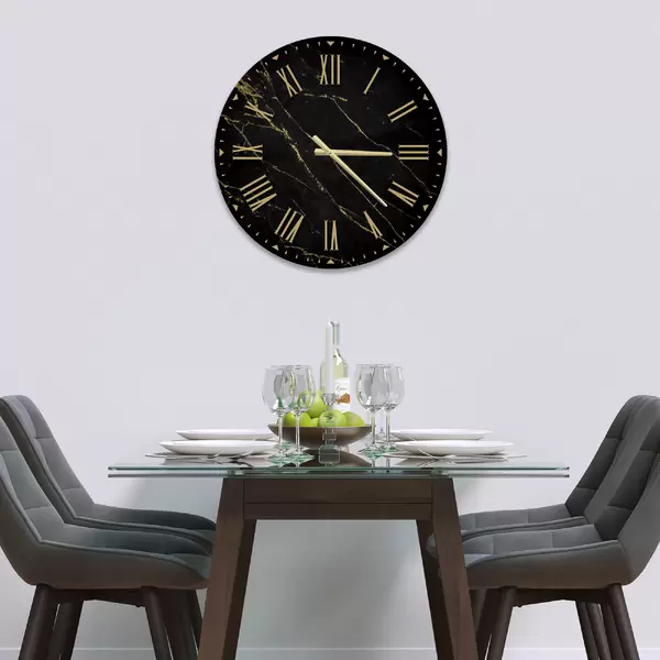 Glass Clock in Black Gold Veins - 30cm Wide