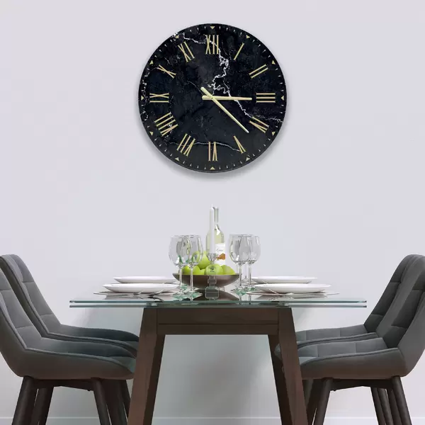 Glass Clock in Black Marble - 30cm Wide