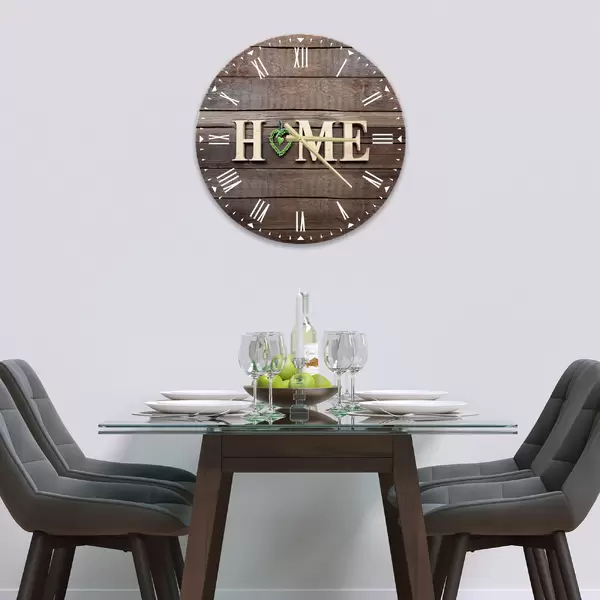 Glass Clock in Home and Green Heart - 30cm Wide