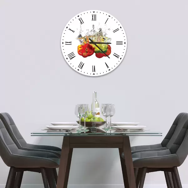 Glass Clock in Peppers In Water On White - 30cm Wide