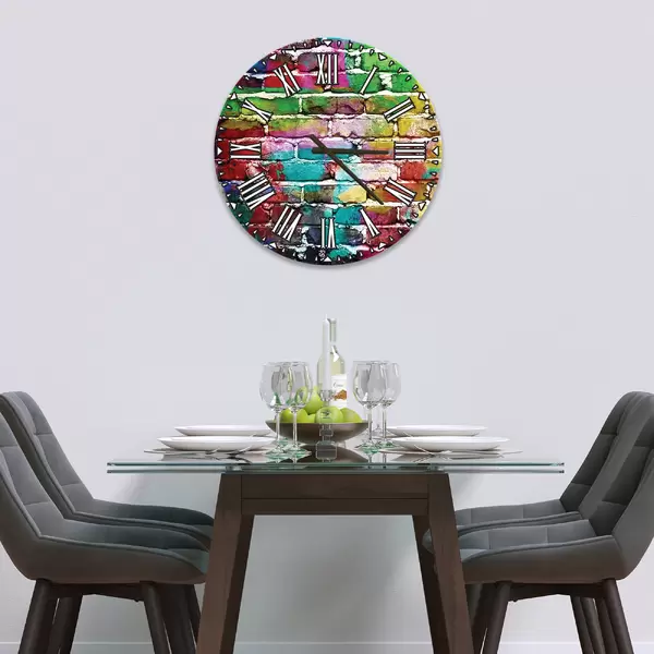 Glass Clock in Rainbow Brick Wall - 30cm Wide