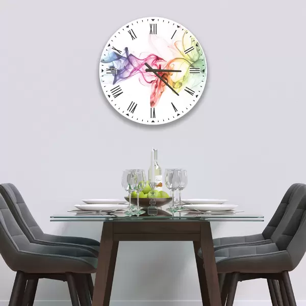 Glass Clock in Rainbow Smoke on White - 30cm Wide