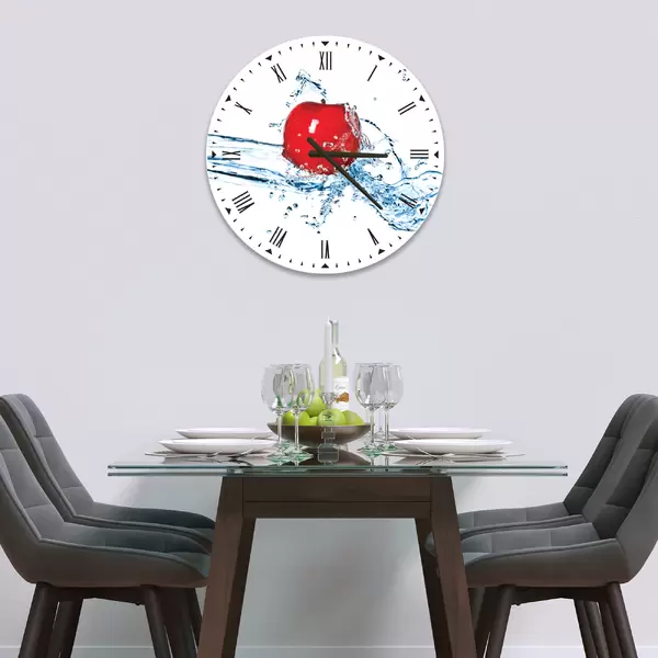 Glass Clock in Red Apple Splash - 30cm Wide