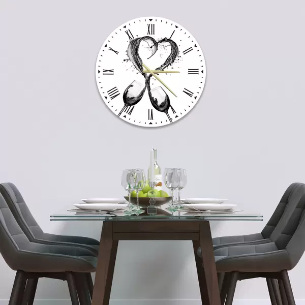 Glass Clock in Wine Splash Heart BW - 30cm Wide