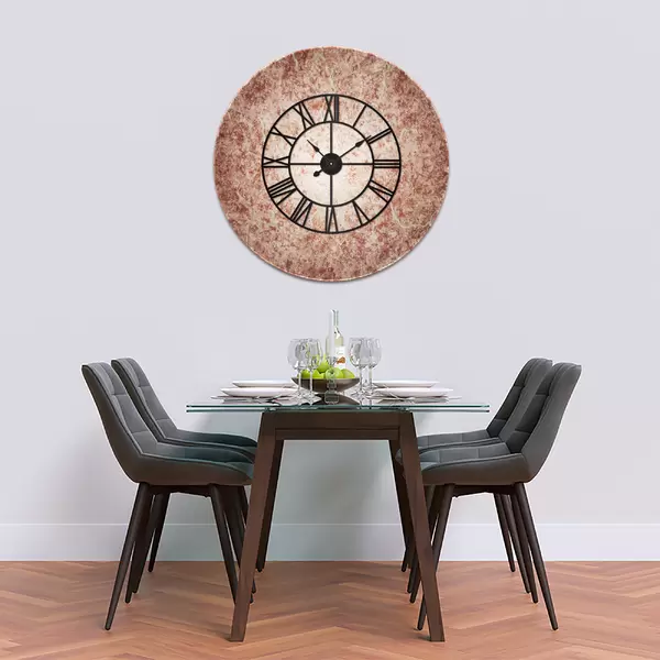 Glass Clock With Skeleton Frame in Abstract Red Marble - 100cm Wide