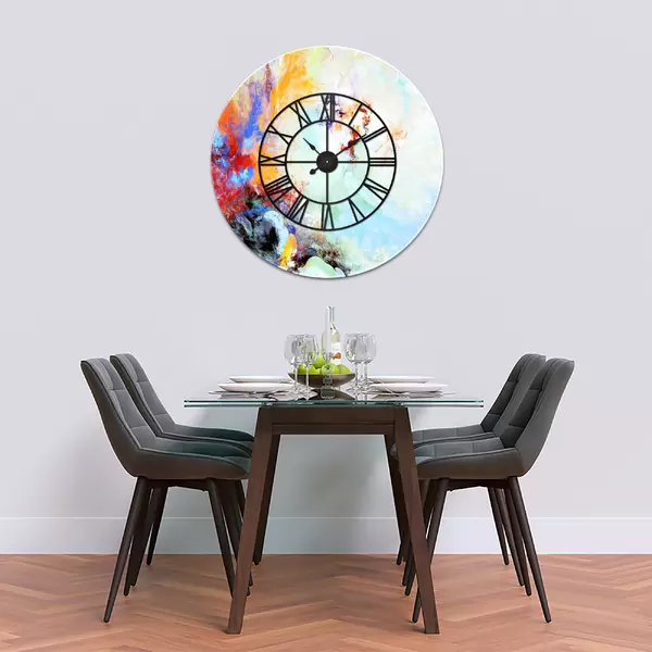 Glass Clock With Skeleton Frame in Abstract Sky - 100cm Wide