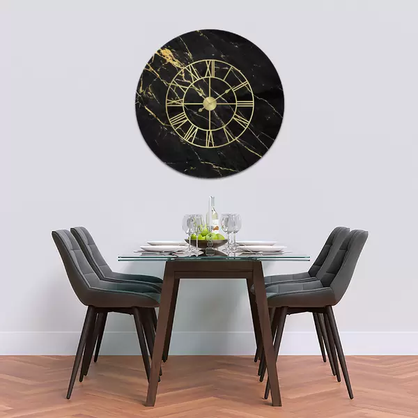 Glass Clock With Skeleton Frame in Black Gold Veins - 100cm Wide