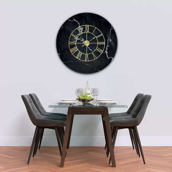 Glass Clock With Skeleton Frame in Black Marble White Veins - 100cm Wide