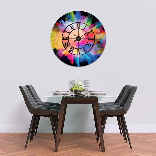 Glass Clock With Skeleton Frame in Colour Fusion on Black - 100cm Wide