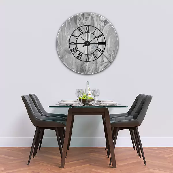 Glass Clock With Skeleton Frame in Grey Marble - 100cm Wide