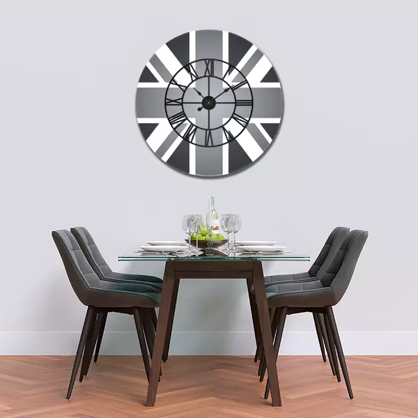 Glass Clock With Skeleton Frame in Grey Union Jack - 100cm Wide