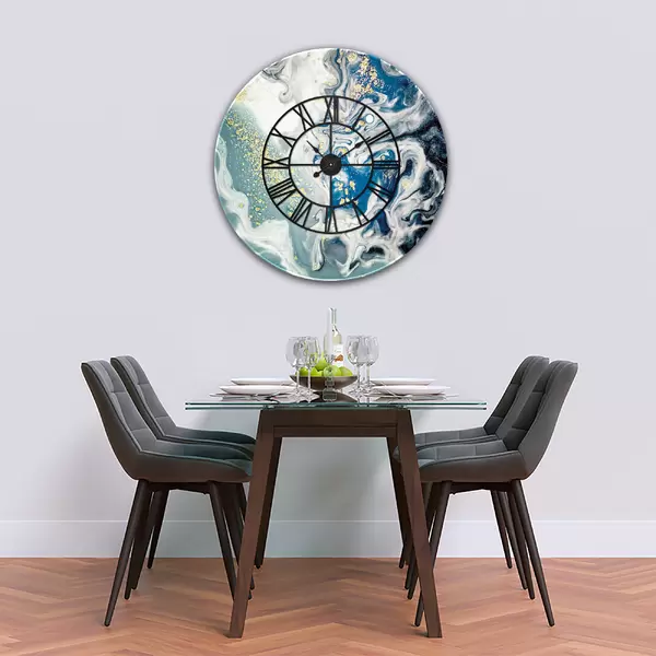Glass Clock With Skeleton Frame in Liquid Ocean - 100cm Wide