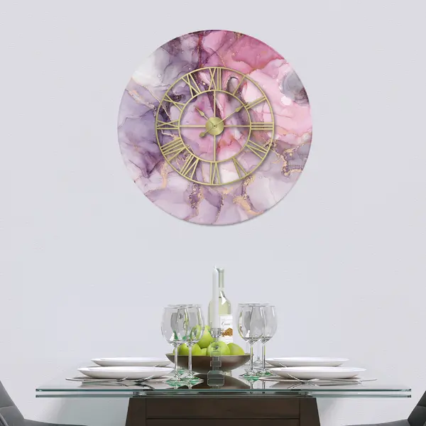Glass Clock With Frame in Liquid Pink Marble - 50cm Wide