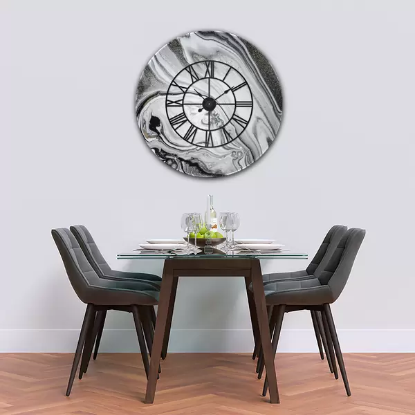 Glass Clock With Skeleton Frame in Liquid Silver - 70cm Wide