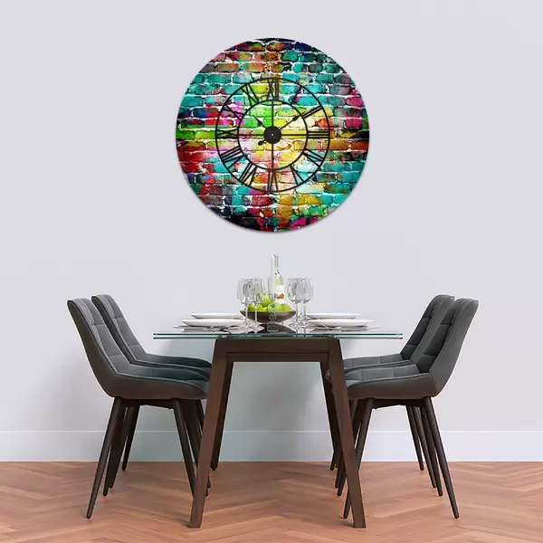 Glass Clock With Skeleton Frame in Rainbow Brick Wall - 70cm Wide