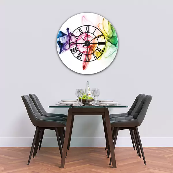 Glass Clock With Skeleton Frame in Rainbow Smoke on White - 70cm Wide