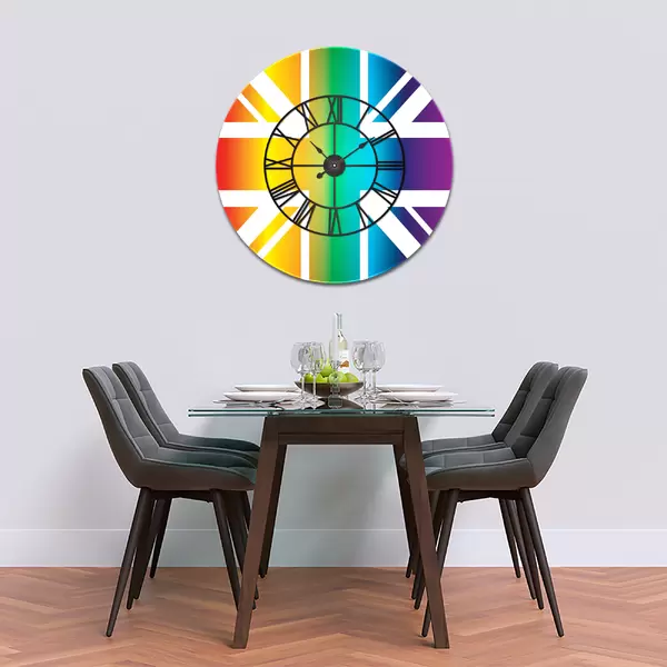 Glass Clock With Skeleton Frame in Rainbow Union Jack - 50cm Wide