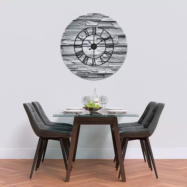 Glass Clock With Skeleton Frame in Stone Wall - 90cm Wide