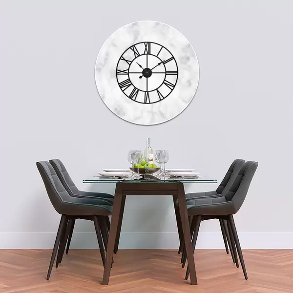 Glass Clock With Skeleton Frame in White Italian Marble - 100cm Wide