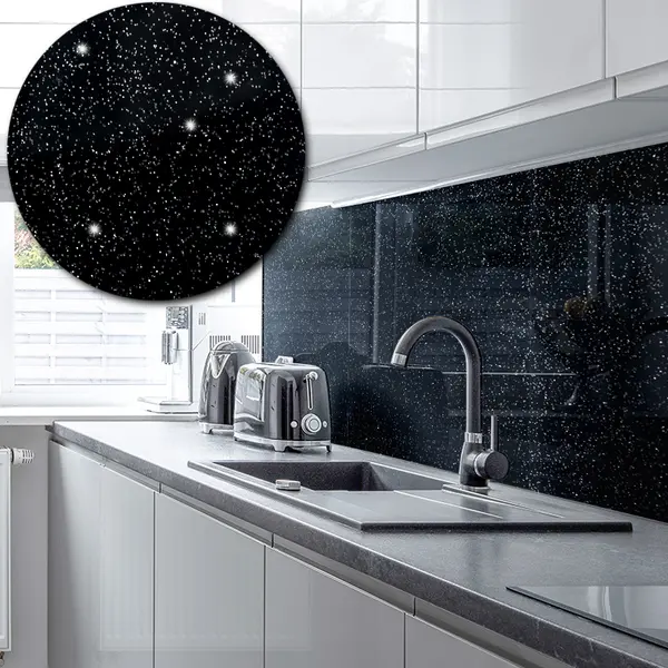 Acrylic Splashback Glitter - In Black - 3mm 600mm by 600mm
