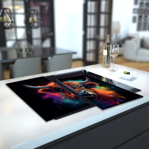 Glass Hob Cover / Chopping Board in Highland Cow On Black - 60cm Wide x 52cm High
