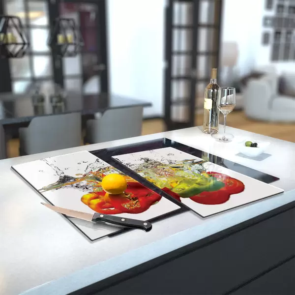 Glass Hob Cover / Chopping Board in Peppers In Water On White - 60cm Wide x 52cm High
