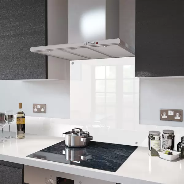 High Gloss White - Kitchen Glass Splashback With Fixing Holes - 60cm Wide x 75cm High