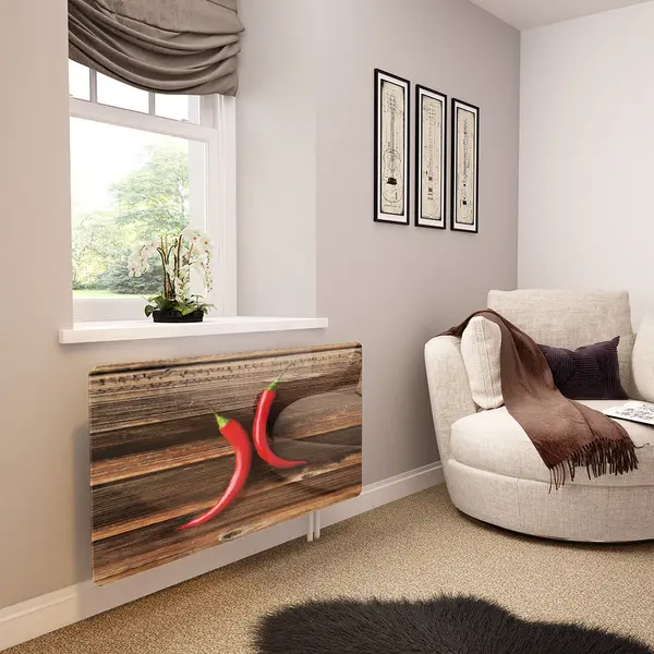 Glass Radiator Cover in 2 Chillies on Chopping Board - Extra Small