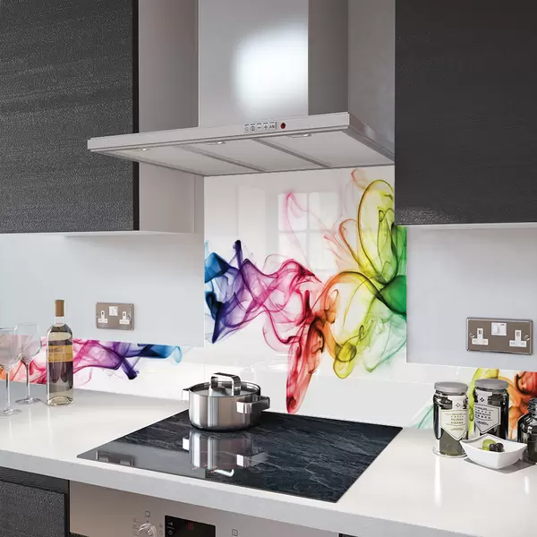 Digital Print Glass Upstand Rainbow Smoke on White 100cm Wide x 14cm High